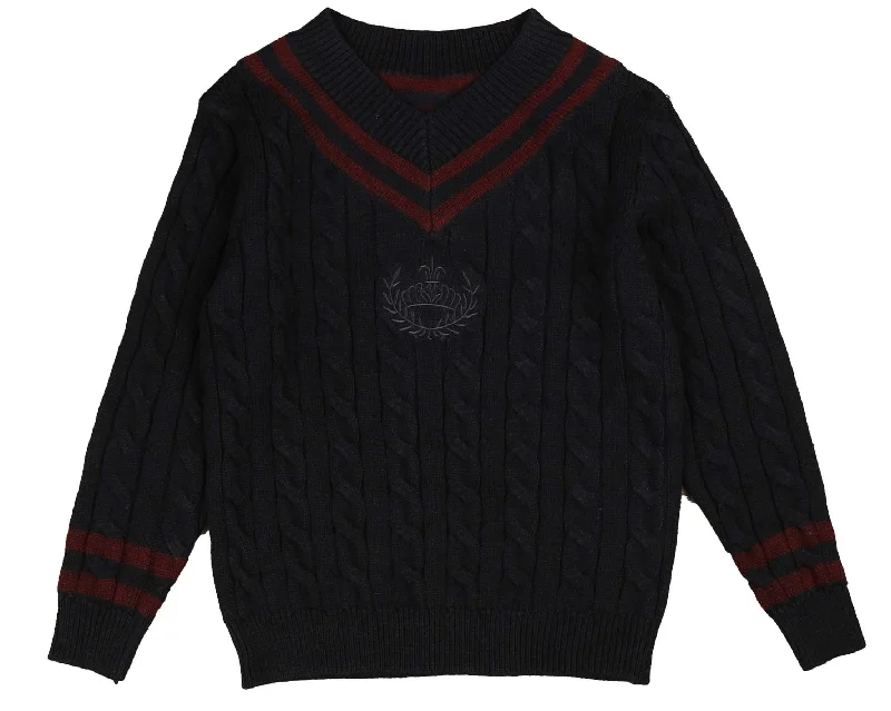 Belati Navy Wine Emblem Cable V-Neck Sweater