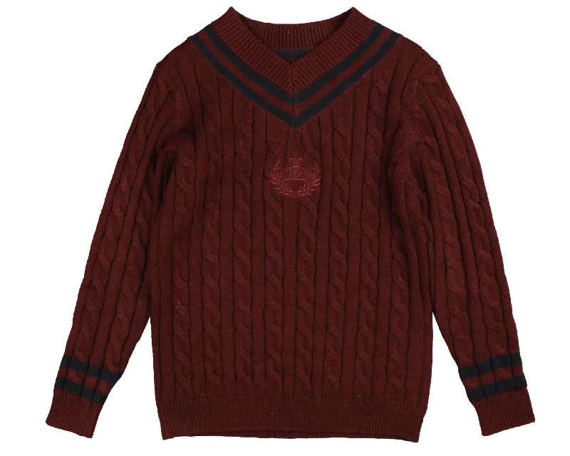 Belati Wine Emblem Cable V-Neck Sweater