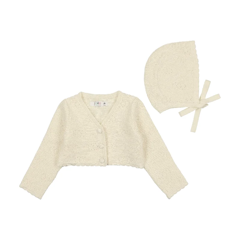 Coco Blanc Cream Scalloped Knit Cardigan & Bonnet