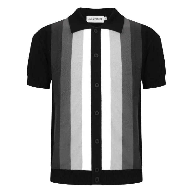 Men's Black Button Knitted Polo With Gray Gradient Stripes