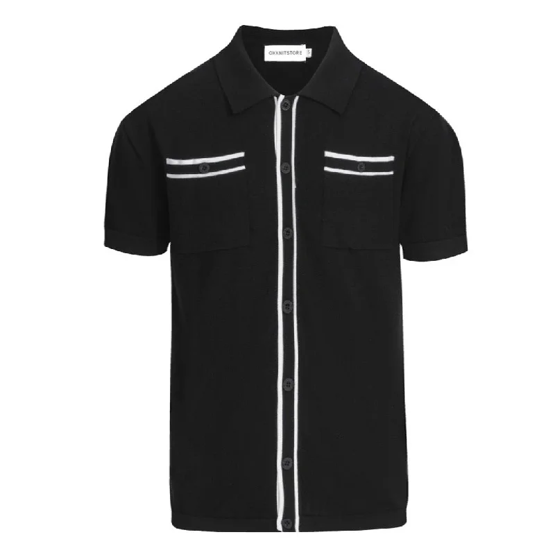 Men's black knit short sleeved polo shirt