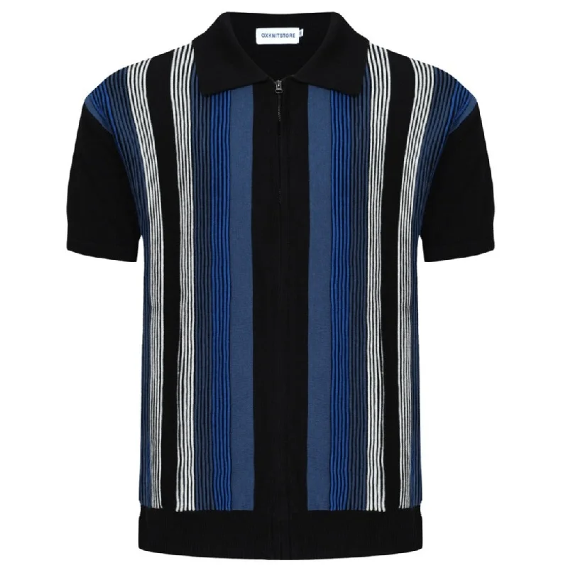 Men's Dark Blue Zip Knitted Polo Black & Gray Stripe Jacquard Panel