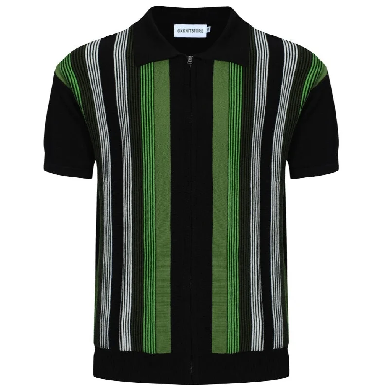 Men's Dark Green Zip Knit Polo With Green & Black Stripe Jacquard Panel