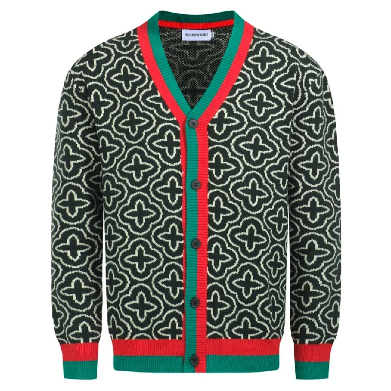 Men's green jacquard contrast knit cardigan sweater