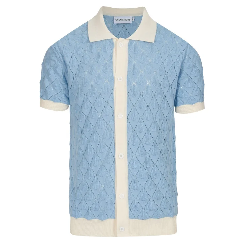 Men's Light Blue Textured Thin Breathable Polo Knitted Short-Sleeved Top