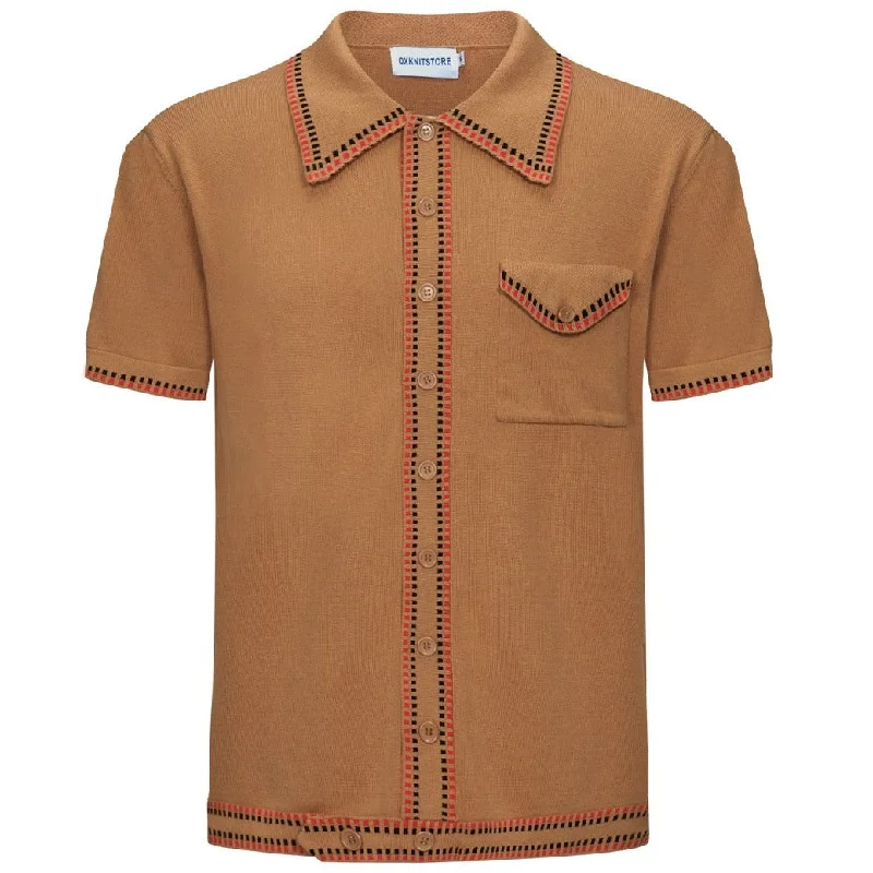 Men's  Light Brown Knitted Polo With Crawdaddy Collar & Bottom