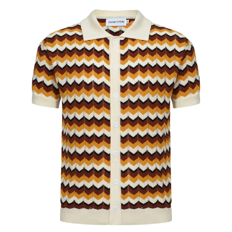 Men's Orange & Yellow Wavy Stripes Beach Knitted Resort Polo Shirt