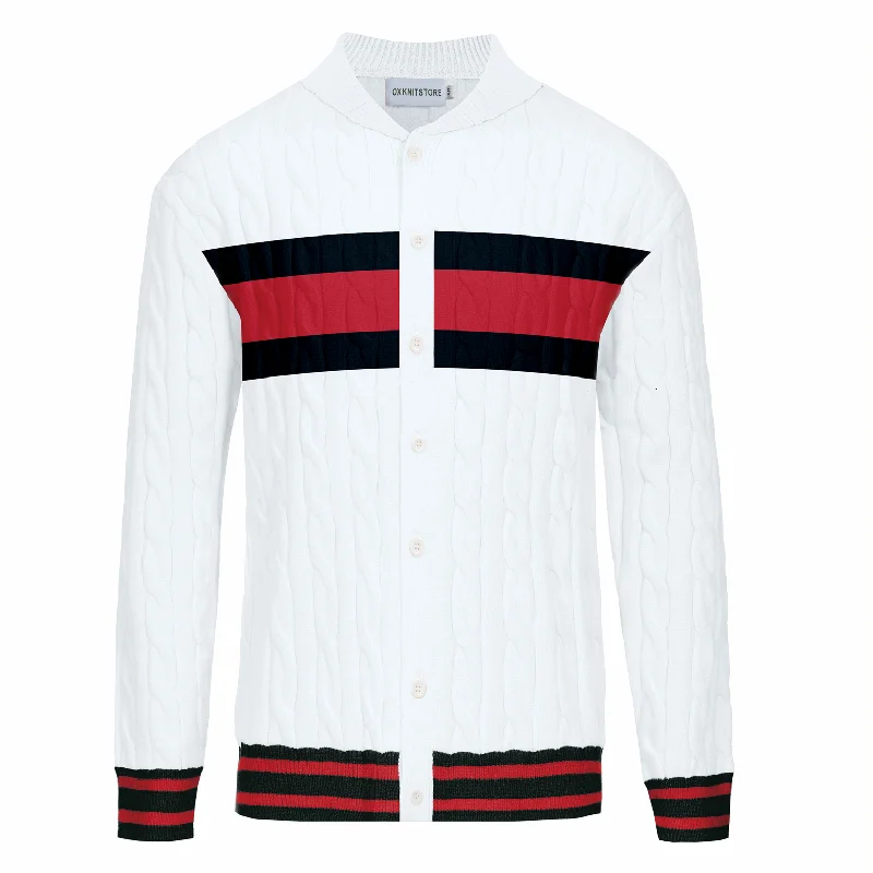 Men's white matching red striped cardigan sweater