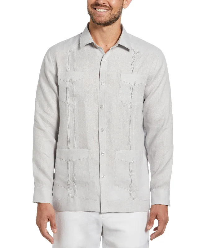 100% Linen Classic Guayabera Shirt - Long Sleeve - Light Gray