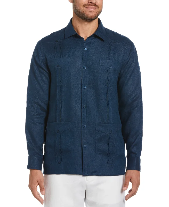 100% Linen Classic Guayabera Shirt - Long Sleeve - Titan Blue