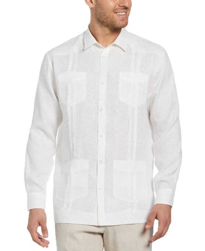 100% Linen Classic Guayabera Shirt - Long Sleeve - White