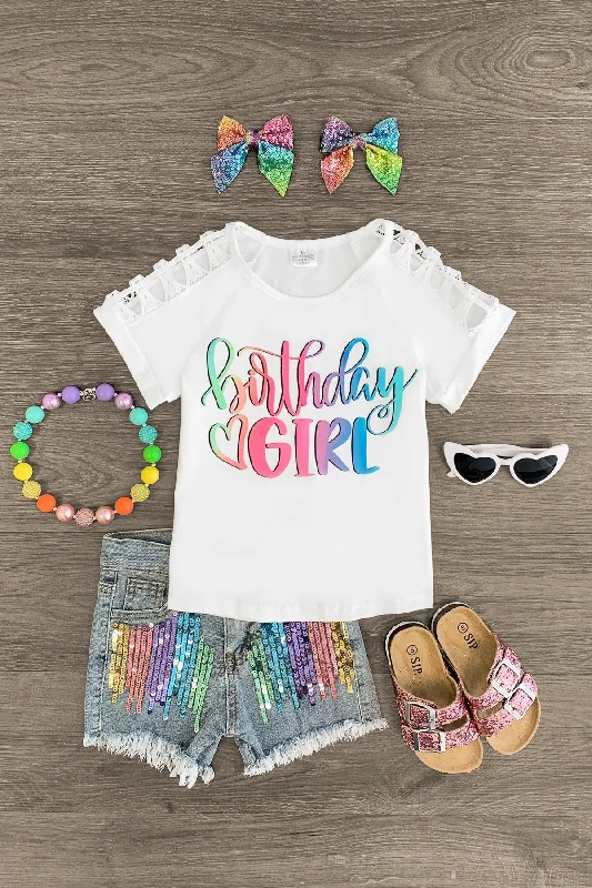 "Birthday Girl" Rainbow Sequin Denim Short Set