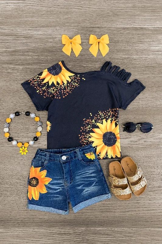 Sunflower Open Shoulder Denim Short Set