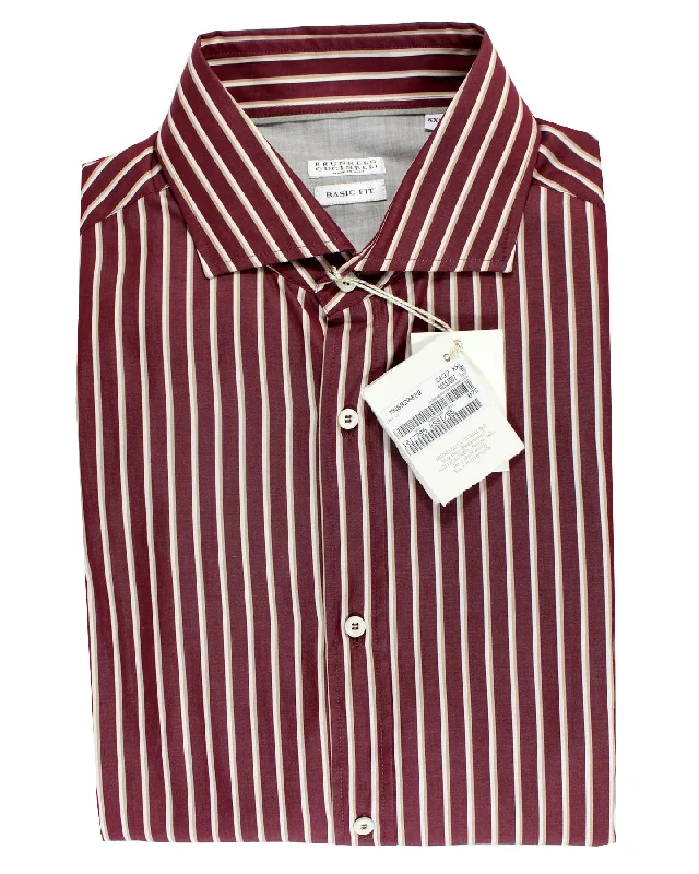 Brunello Cucinelli Shirt Maroon Stripes XXL Spread Collar SALE