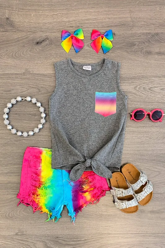 Gray & Rainbow Denim Short Set