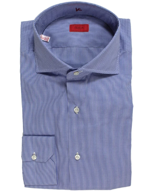 Isaia Dress Shirt White Blue Micro Check 43 - 17 Regular Fit