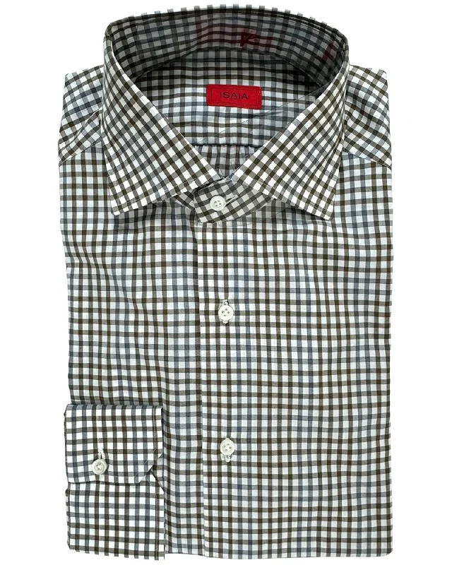 Isaia Shirt White Brown Navy 39 - 15 1/2 Regular Fit