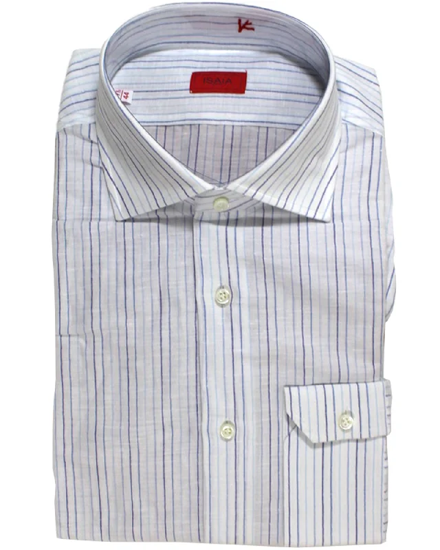 Isaia Linen Shirt White Purple Stripes 44 - 17 1/3 Regular Fit