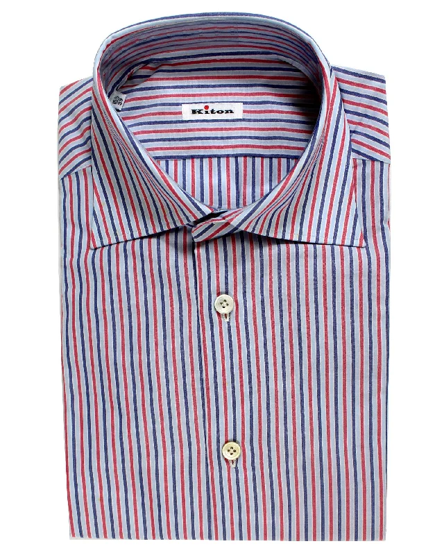 Kiton Dress Shirt Blue Red Navy Stripes 39 - 15 1/2 SALE