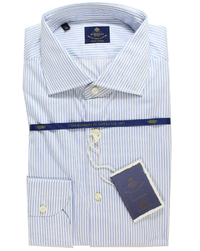 Luigi Borrelli Dress Shirt White Blue Stripes 44 - 17 1/2 Royal Collection