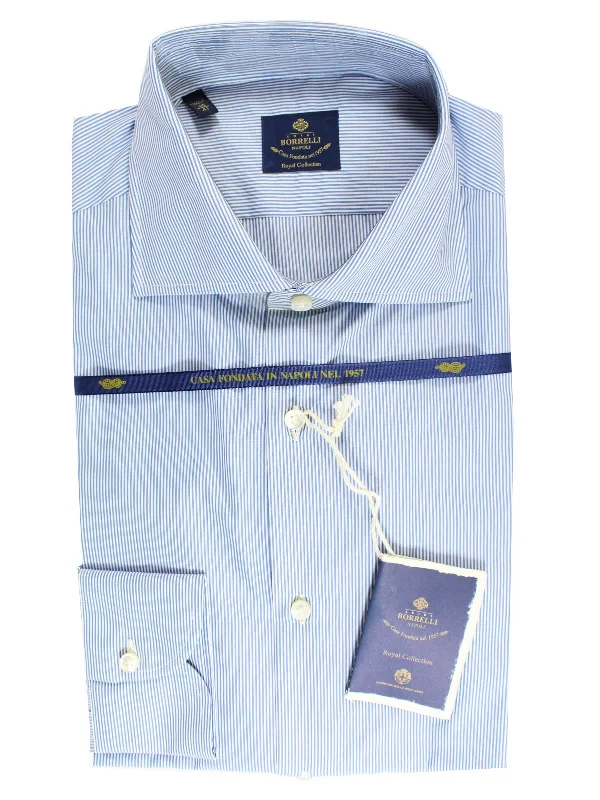 Luigi Borrelli Dress Shirt ROYAL COLLECTION Classic White Navy Stripes 38 - 15 SALE