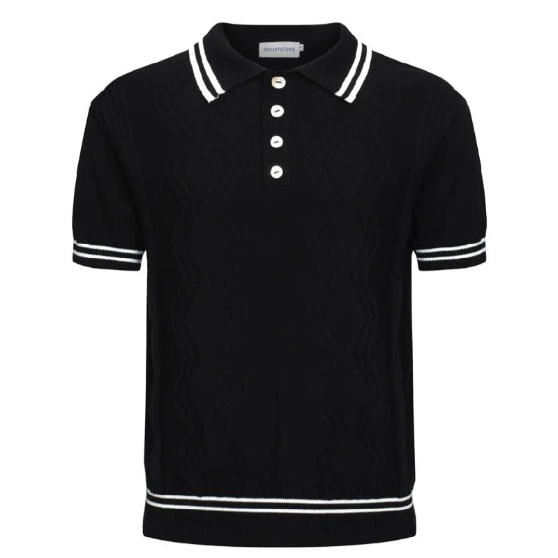 Men's Black Knit Retro Polo With Double White Line Neck