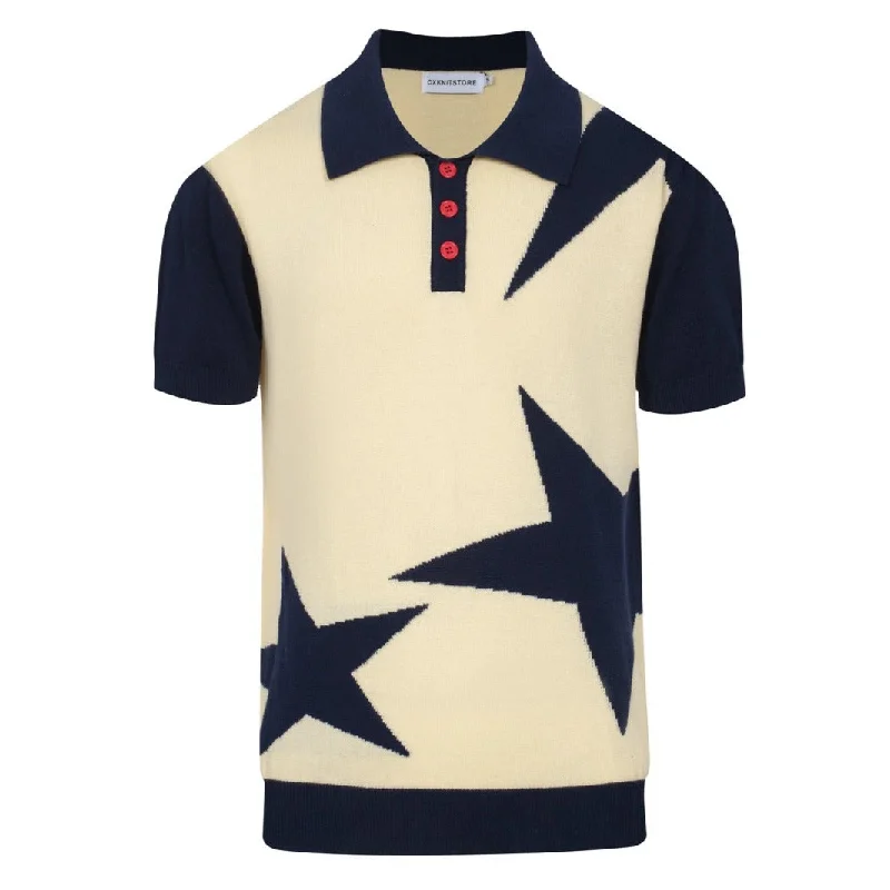 Men's Navy Blue Star Knitted Short Sleeve Polo Shirt