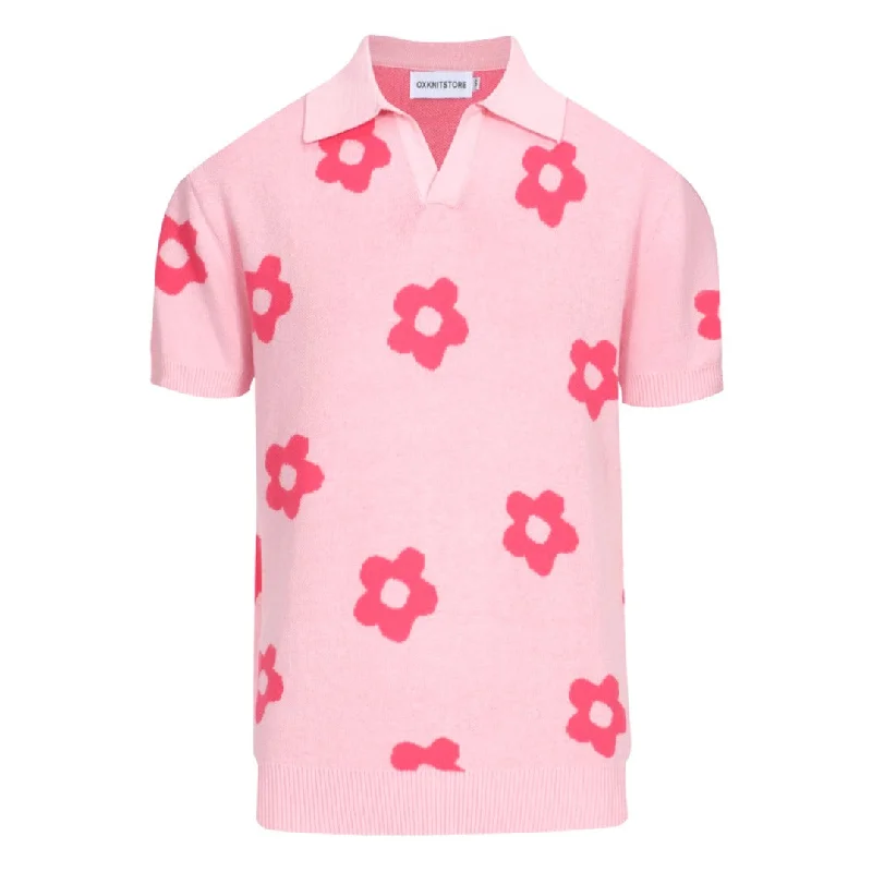 Men's pink vintage floral knit polo shirt