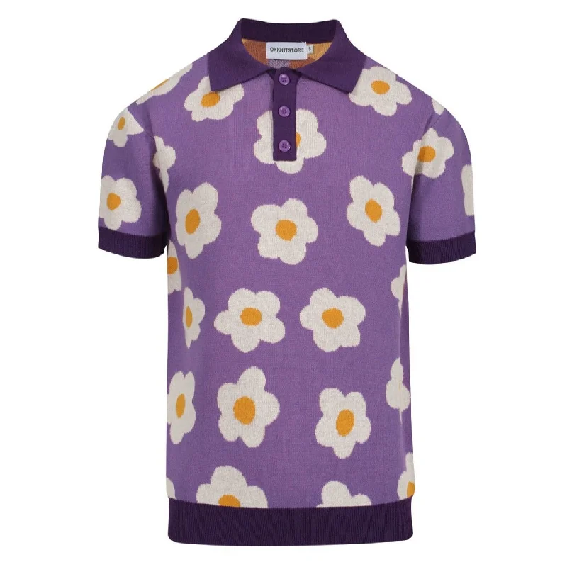 Men's purple 60s vintage floral knit polo shirt