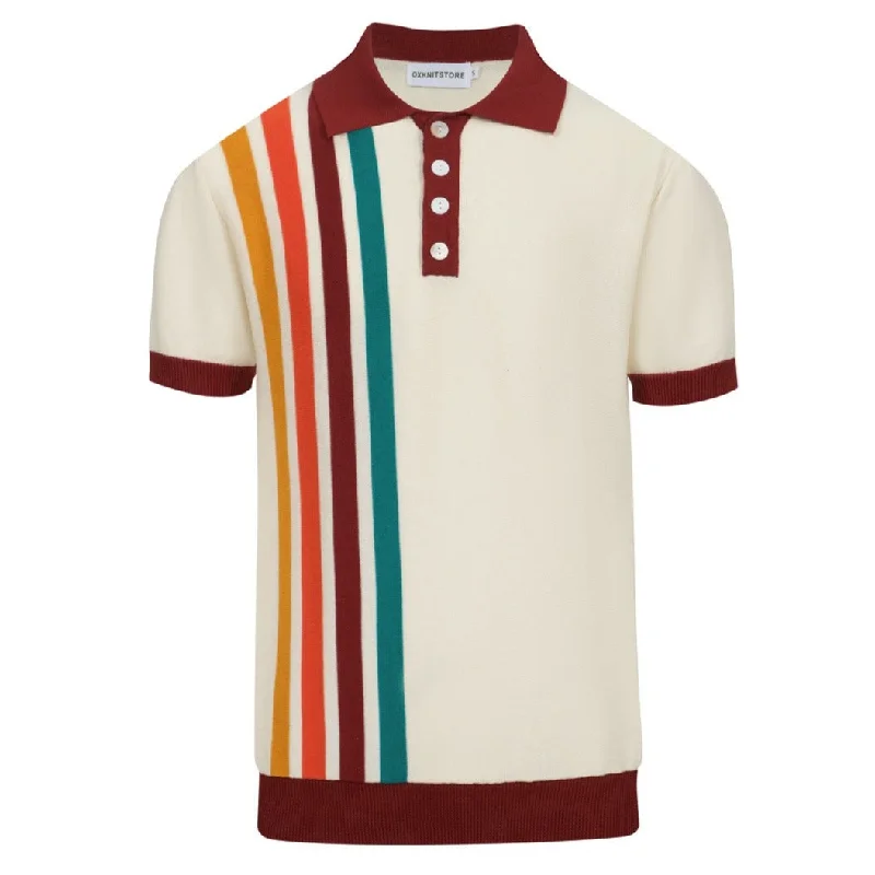 Men's White Apricot Rainbow Stripe Button Polo Collar Knitted Short Sleeve Top