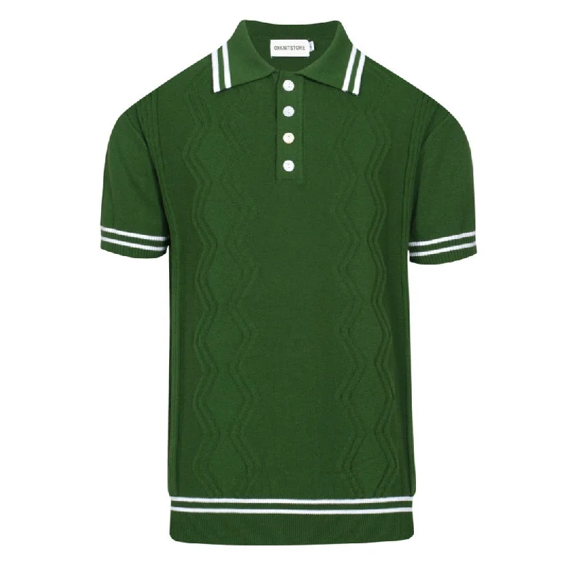 Men's Dark Green Knit Polo With Double White Stripe Neck