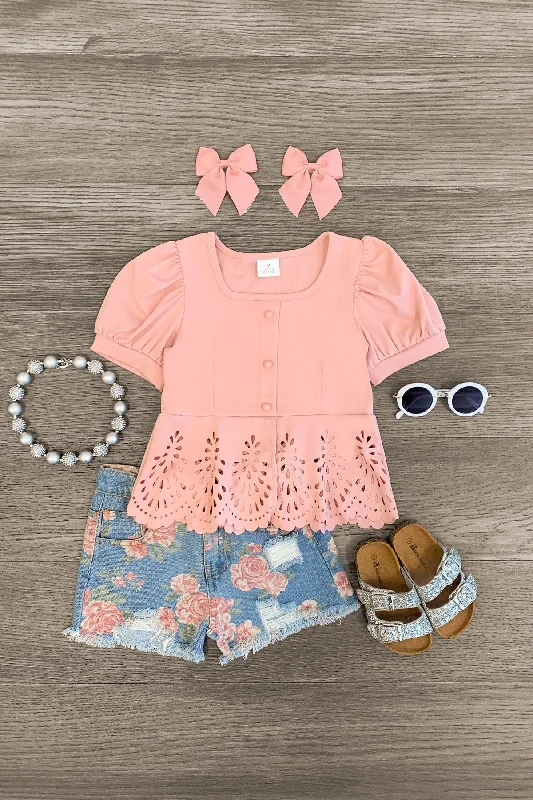 Pink Painted Rose Denim Short Set