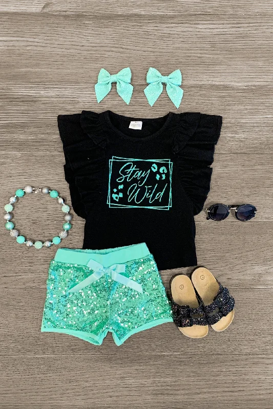 "Stay Wild" Mint Sequin Short Set